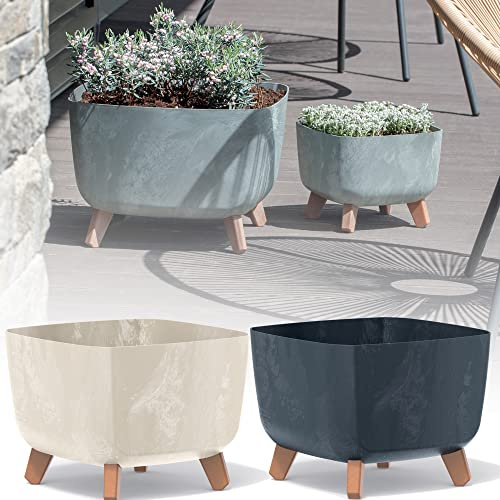 URBNLIVING Large Square Low Modern Look Planter Flower Plant Pot Indoor Outdoor Garden Decor Wooden Look Legs (Concrete)