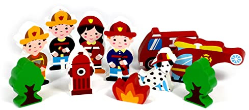 Talking Turtle 12-Piece Wooden Small World Firefighter Characters & Vehicles Set - Small World Playsets - Inspire Imagination & Creative Playtime - Non-Toxic & Safe for Kids