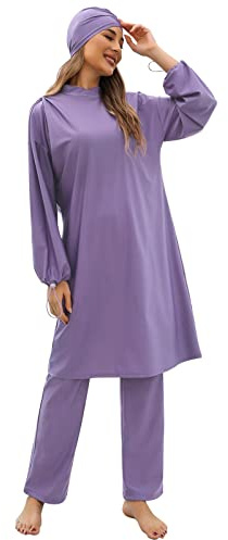 Odizli Burkini Damen Muslim Frauen Muslimische Badeanzug Islamische Langarm Lang Badeshirt UV Shirt Wasser+Badehose+Badekappe Hijab 3tlg Schwimmanzug Jilbab Ganzkörper Modest Bademode Lila L