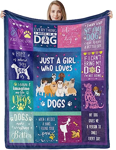 Dog Lovers Throw Blanket Gift for Girls, Just A Girl Who Loves Dogs Plush Fuzzy Flannel Blanket, Soft Cozy Cute Puppy Dog Fluffy Fleece Blanket for Women Teen Girls Pet Lover Birthday, 130 x 150 cm