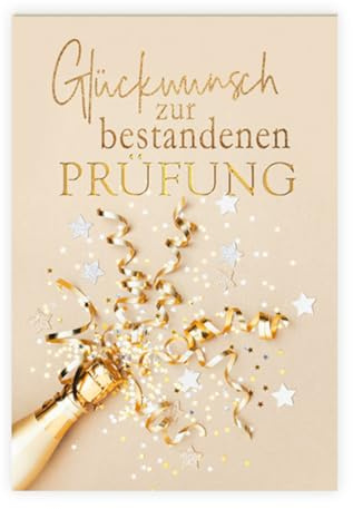 KE - Glückwunsch-Karte zur bestandenen Prüfung, mit Umschlag, DIN B6, Karte zum Schulabschluss für Jungen und Mädchen, Motiv: Sekt mit Konfetti