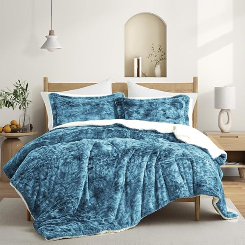 UNIKOME Sherpa Comforter Set Queen Size 3 Pieces, Soft Fleece Comforter Set, Warm Fluffy Plush Winter Bedding Set, Luxury Fuzzy Bed Set with Reversible Comforter & 2 Pillow Shams