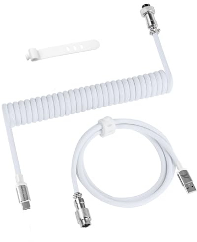 ATTACK SHARK C01 PRO USB C Spiral Tastaturkabel, Geflochtenes Coiled Kabel für Gaming Tastatur, Typ C auf USB A mit Abnehmbarem Luftfahrtstecker für Mechanische Tastatur/PC/Smartphone, Weiß