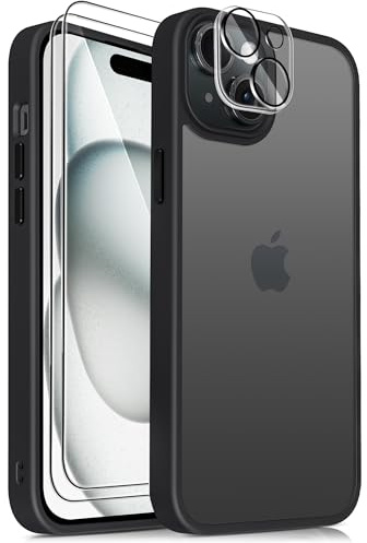 Mootobo Case for iPhone 15 Plus, 4 in 1 Skin Touch Phone Bumper Cover, Built-in 2 Tempered Glass Screen Protector +1 HD Camera Lens Protector, Shockproof Hard Phone Cover (Black)