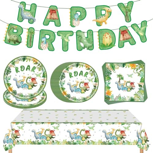 YHUIKXIN Dinosaurier Geburtstag Geschirr Set, Dino Partygeschirr Kindergeburtstag Dino Thema Partyzubehör Zubehör Pappteller Servietten Banner Tischdecke für Picknicks, Geburtstage (20 Gäste)