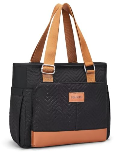 HSHRICH Isolierte Lunchtasche für Damen, große Tragetasche, Lunchbox für die Arbeit | Wasserdicht, tragbar, niedlich, weich für Erwachsene, Arbeit, Camping, Strand, Picknick, Roadtrip, Braun / Schwarz