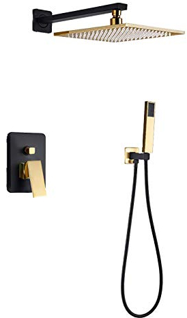 JDSHFEN Regenduschsystem, Gold und Schwarz, Regenmischer-Dusch-Kombi-Set, wandmontiertes Badezimmer-Duscharmatur-Set mit Regenduschkopf, Handbrause, 12 Zoll Dekoration (8 Zoll)