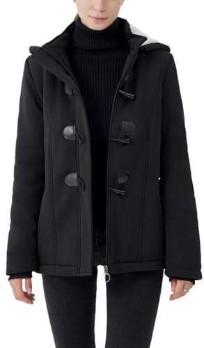 JiangWu Women's Fashion Sherpa Fleece Thickened Horn Button Hooded Jacket Winter Warm Slim Coat(Black,Medium)