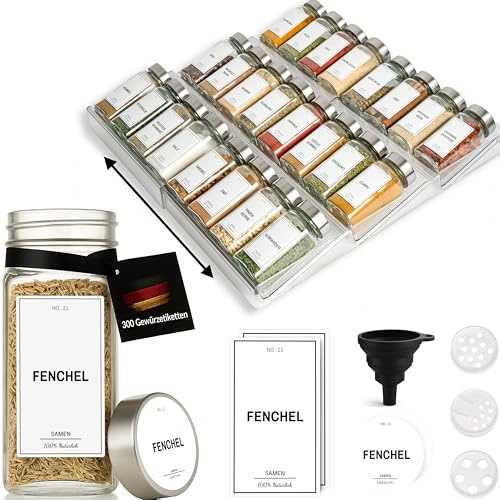 Greeano® Gewürzgläser mit Regal [24 x 120ml] inkl. 300 Gewürzetiketten [DE] - Gewürzregal mit Gläsern - Gewürz Organizer Schublade - Gewürzregal Schublade mit Gläsern Gewurzregalsystem Silber