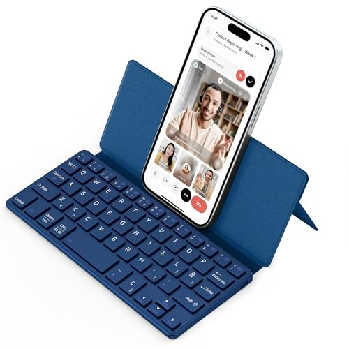CACOE Mini Plegable Teclado Bluetooth para iPad con Soporte, Mar Azul | [Español] Teclado Ultrafino Plegable, Doble Canal con Soporte de Posición, para Smartphone Y Más iOS, Android, Windows