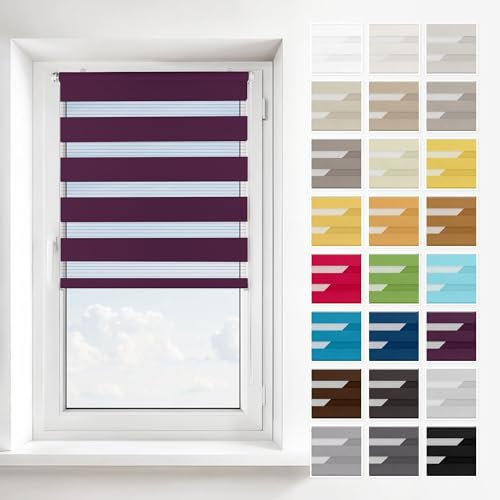 Estika Doppelrollo ohne Bohren, Schnelle 2 in 1 Montage - Klemmfix, Wand- oder Deckenmontage - Pflaume - 45 x 150 cm - Rollos für Fenster ohne Bohren, Fenster rollos für innen