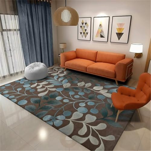 QGYFRE Teppich Nach Mass Schöne Carpet Bedroom 200x260CM Washable Area Rugs blau Pflanzendruckmuster Antifouling strapazierfähiger