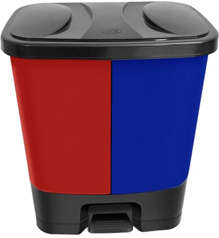 M1SS Large 37 Litres Dual Compartment Double Rubbish Waste Separation Bin with Lid and Removable Buckets Plastic Pedal Bin Recycling Bin 2 x 18.5L Rubbish Bin Trash Can for Home, Office [Red + Blue]