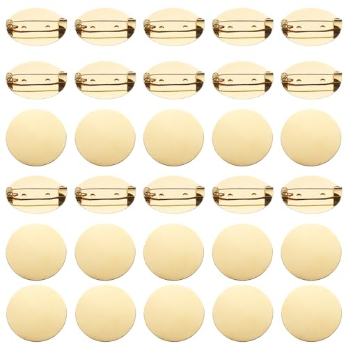 QUARKZMAN 50 Stück Gold Broschenrohlinge Runde Tabletts mit Pin 31mm/1.2 | Metall Broschenverschluss Clip Pins Disc Basis, Für Anstecknadeln Namensschilder Tags DIY Handwerk