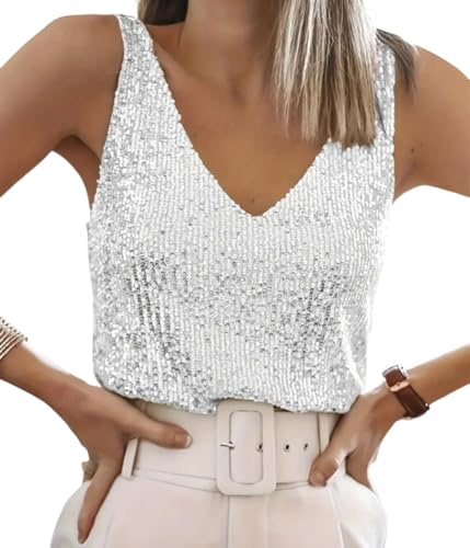 ORANDESIGNE Tanktops Pailletten Damen V-Ausschnitt Ärmelloses Top mit Schimmernden Pailletten Glitzer Oberteile Abend Glitzertop Frauen Party Disco Outfit Damen