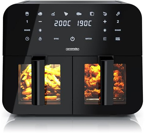 Arendo - Dual Zone Heißluftfritteuse 9L - mit 2 Kamern - XXL Kapazität 2 Fächer – Sichtfenster Beleuchtung - Airfryer - Touchscreen - 3D Umluftsystem - Antihaftbeschichtung - spülmaschinenfeste Körbe
