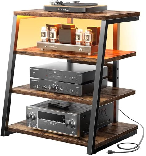 iSunirm HiFi Stand, AV Media Stand with Outlets, 4-Tier Media Console with LED Lights, Record Player Stand With Storage Shelves, Stereo Racks and Stands Media Audio Tower Cabinet, Brown