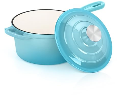 E-far Enameled Cast Iron Sauce Pan with Lid, 1 Quart Dutch Oven Saucepan, Mini Sauce Pot for Cooking, Boiling, Healthy & Non Toxic, Induction & Oven Safe, Light Blue
