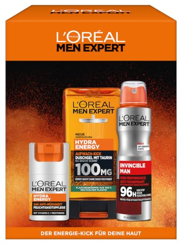 L'Oréal Men Expert Pflegeset für Männer, Geschenkset mit Gesichtscreme 24H Anti-Müdigkeit, Duschgel & Anti-Transpirant Deo Spray, Hydra Energy, Invincible Man, 1 x 50 ml, 1 x 150 ml, 1 x 250ml