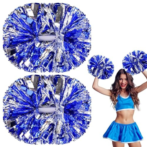Noaxylic 2 Stück Pompons Cheerleading, Cheerleader Pompons Sport, Bright Metallic Cheers Ball, Metallisch Cheerleader Pom Poms mit Griff, für Sports Wettbewerb, Tänze, Karnevalspartys (Blau, Silber)