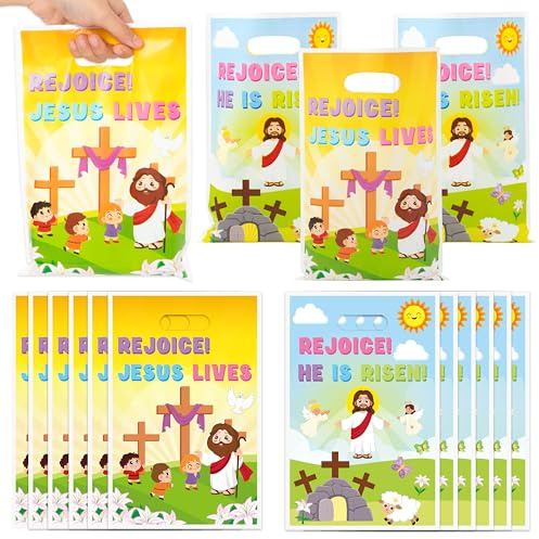 Easter Religious Party Favor Bag - 50Pcs He is Risen Rejoice Goodie Treat Candy Gift Bags Christian Cross Jesus Lives Party Supplies for Spring Easter Bible Sunday School Jesus Birthday VBS Church