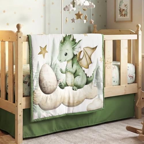 Peryiter 3 Pcs Watercolor Dragon Crib Sheet Set Baby Crib Bedding Set Includes 52x28 Fitted Sheet, Quilt, Bed Skirt for Newborn Boy Girl Cute Nursery Newborn Sheets Decor