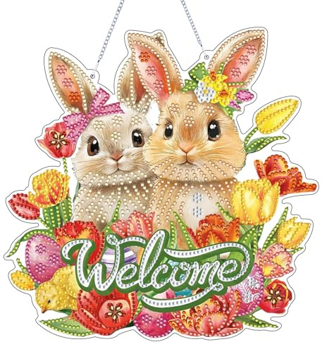 Kaezuy Diamond Painting Ostern Anhänger, 5D Osterhase Diamant Painting Fensterbilder mit Kette, Frühling Osterdeko Hängende Diamond Ornament Bastelset Set für Wand Fenster Decor (Stil-A)