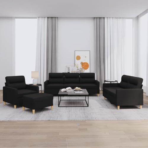 Mandloder 4-TLG. Sofagarnitur mit Kissen Schwarz, Stoffbezug, Robustes Metallgestell, bequemes Sitzerlebnis, für Wohnzimmer, 1 Sessel, 1 Zweisitzer, 1 Dreisitzer, 1 Hocker