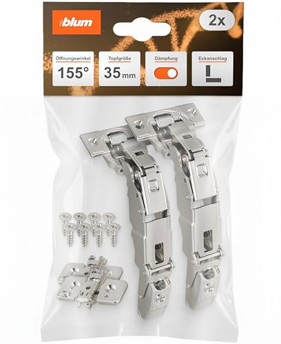 blum CLIP top BLUMOTION 155° Weitwinkelscharnier I Topfscharnier 35mm I Softclose klappbar I Eckanschlag 0-Einsprung für ausziehbare Schubladen I 35 mm Topf vernickelt I Schrankbeschlag Set