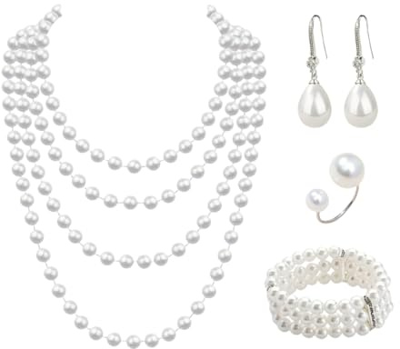 OIXYEY 1 Set Collana Perle Donna, 3 File Collana Di Perle Anni '20 Accessori, Orecchini Di Perle Bracciale Elasticizzato, Accessori Da Donna Per Feste Balli Matrimoni (Argento A)