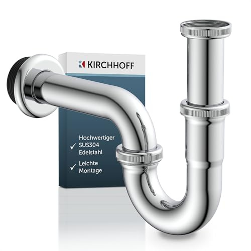 KIRCHHOFF Siphon Waschbecken, Siphon aus hochwertigem Edelstahl SUS 304 | Ablaufgarnitur Waschbecken und Waschtisch, Syphon Waschbecken, Ablaufgarnitur für das Bad, Dichtung für den Wandanschluss