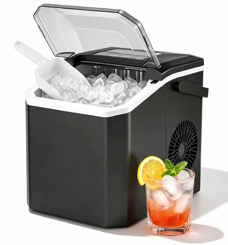 Ice Maker Machine Countertop, 12KG Ice Cube Maker with Self-Cleaning Function, 9 Cubes in 7 Mins, 2 Bullet Ice Sizes, Portable Ice Machine with Ice Scoop & Basket (Black)