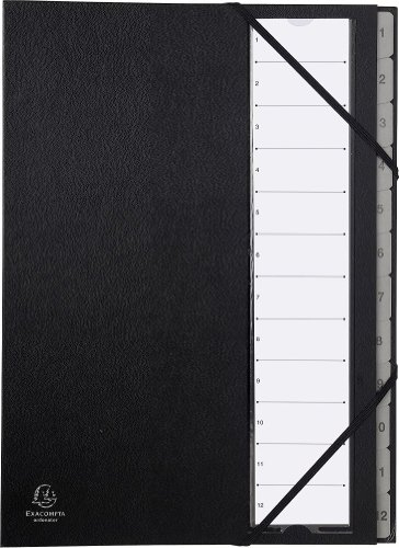 Exacompta 56012E Premium Ordnungsmappe Ordonator. Mit festem Einband für DIN A4 und 12 Fächern 1-12 mit dehbarem Rücken, 2 Gummizügen, Kunststofftaben Fächermappe Register-Mappe schwarz
