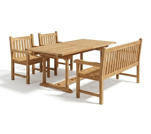 SAM Teak-Gartengruppe 4tlg.: 2 Sessel + Bank + Ausziehtisch mit Schirmloch
