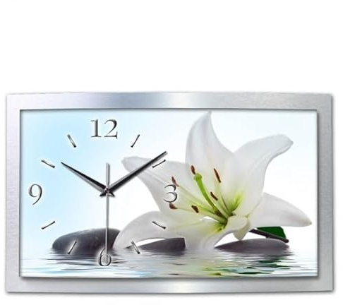 Kreative Feder 3D Designer-Wanduhr Lilie Weiß in modernem Metallic-Design; leise Funkuhr mit Motiv wahlweise in Zwei Größen (WAA038, 50x30cm; leises Funkuhrwerk)