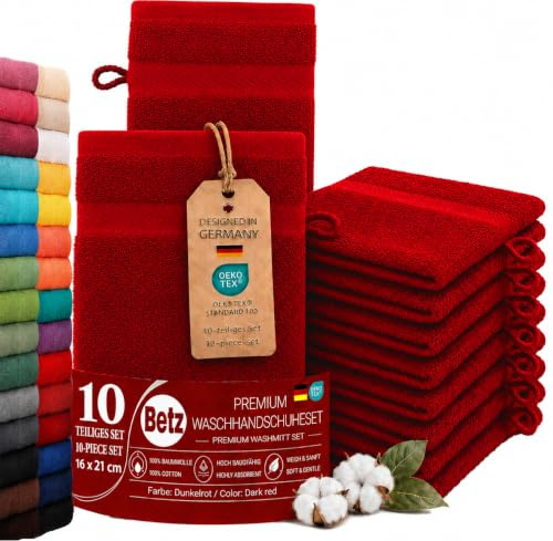 Betz Waschhandschuhe Premium 10 Stück 16x21 cm – 100% Baumwolle 470g/m² – Weiche Frottee Waschlappen – Pflegeleicht & saugstark - Farbe dunkelrot