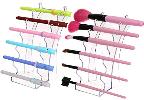 6 Slots Pen Display Stand, DesignerBox 2 Pack Clear Plastic Pen Holder Makeup Brush Rack Eyebrow Pencil Organizer E-Cigarette Holder, Organizer Frame Holder for Home Office or Store Usage (Clear)