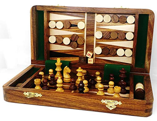 RoyalChessMall - 2 in 1 magnetisches Reiseschach- und Backgammon-Set aus goldenem Rosenholz, 25 cm