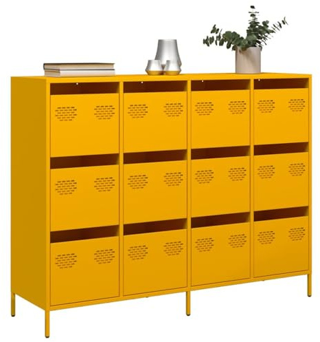 Sideboard with 12 Drawers, Senfgelb Mustard Yellow Metal Cabinet, 135x39x103.5 cm Storage Unit for Living Room Bedroom Office, Durable Cold Rolled Steel Construction, Easy Assembly Modern Furniture