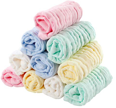 EXTSUD Baby Waschlappen, 10er Musselin Spucktücher Baby 25x25cm Mulltücher Baumwolle Moltontücher Handtücher Weiche Gesichtstücher Neugeborene Baby Wipes(Farbig)