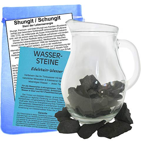 Schungit (Shungite) WASSERSTEINE für EDELSTEINWASSER - EDELSTEINE zum WASSER energetisieren mit 1L Glaskrug. 4-tlg SET für Lebensenergie & Antioxidantien. Mit ANLEITUNG. 95500-24