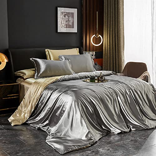 Lanqinglv Bettwäsche Set 220x240cm Grau Apricot Hellbraun Satin Wendebettwäsche Seide Seidig Luxus Wende Bettbezug mit Reißverschluss und 2 Kissenbezug 80x80cm