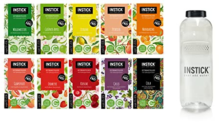 INSTICK Zuckerfreies Instant-Getränk (Bundle S Klassik + Tritan Trinkflasche 1 L) 10x12 Sticks - 1 Stick für 0,5-1 L - Veganes Getränkepulver Kalorienarm & Vitamin C - Instant-Pulver