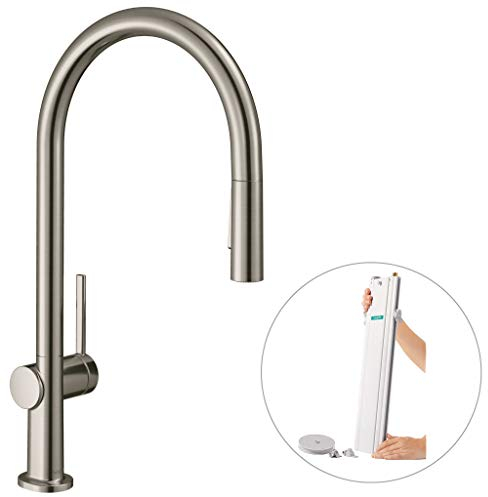 hansgrohe Küchenarmatur Talis M54 (Wasserhahn Küche mit Schlauchbox, 360° schwenkbar, ausziehbare Brause mit 2 Strahlarten, hoher Komfort-Auslauf 210mm, Standardanschlüsse) Edelstahl Finish