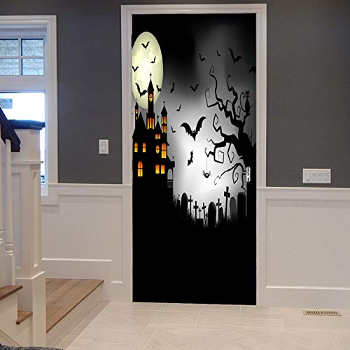 A.Monamour Türtapete Selbstklebend Türfolie Türposter 3D Halloween Nacht Spukhaus Grabstein Fledermaus Toten Baum Runden Mond Vinyl Folie Türdeko Tapete Wandbild Türaufkleber Türtattoo 77 x 200 cm