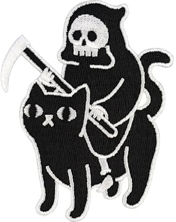 Urbanski Patch Death rides a black Cat der Tod reitet eine schwarze Katze Sensenmann Reaper zum Aufbügeln 8 x 6,2 cm | Aufnäher Applikation Bügelbild
