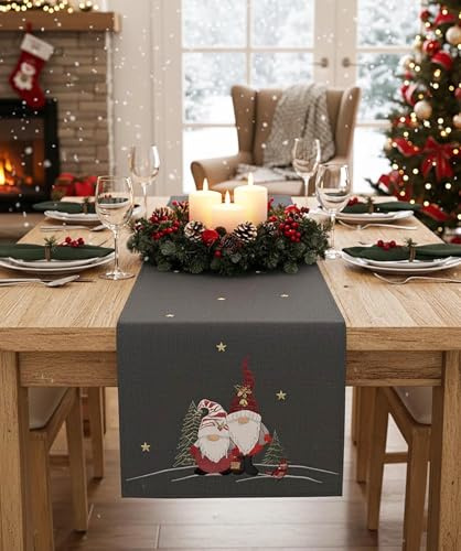 KAMACA Tischläufer 40x140 cm mit filigraner Stickerei Küche Esstisch Tisch Dekoration Eyecatcher in Herbst Winter Weihnachten (Wichtel grau)