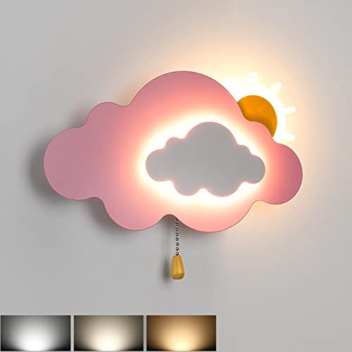 EOEO LED Wolken Kinder Wandlicht mit Zugschalter, 7W Dimmbar Kinderzimmer Wandleuchte 3000K-6000K Madchen Junge Zimmer Kinderlampe Bettlampe Wolkenform Innen Wandlampe mit Schalter,Rosa