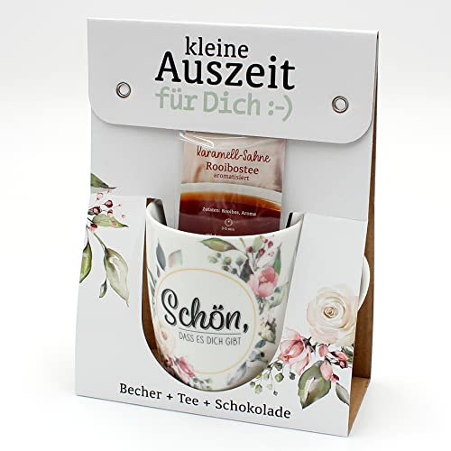 Geschenkset - kleine Auszeit - Tee,- Kaffeebecher/Tasse aus Porzellan+Tee+Schokolade, Motiv: Schön, dass es Dich gibt/Blumen, Größe H/Ø: 9,8x8,2 cm, Fassungsvermögen 250 ml, Spülmaschinengeeignet.