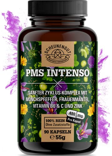 PMS INTENSO® Mönchspfeffer PMS Kapseln -WICHTIG: Hochdosiert und Laborgeprüft mit Agnus Castus al, Gänsefingerkraut, Frauenmantel, Safran, Vitamin C, B6, Zink -DE- SCHEUNENGUT®
